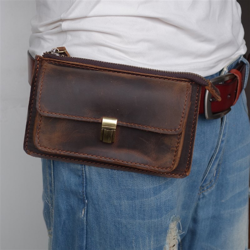 手工牛皮多功能横款手机包烟包男士户外拉链零钱包穿皮带腰包真皮