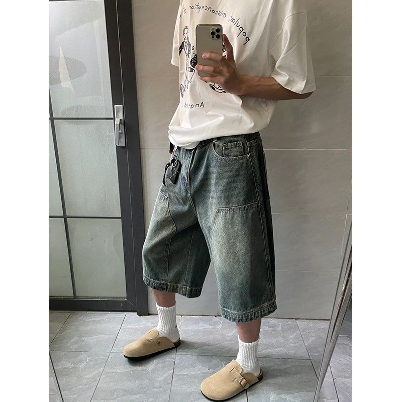 美式复古街头水洗伐木七分牛仔短裤男女宽松休闲做旧过膝阔腿裤子