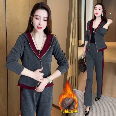 加绒加厚运动套装女冬季2024新款小个子连帽开衫卫衣阔腿裤两件套