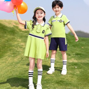 英伦学院风绿色校服套装小学生夏季新款棉男女童演出班服幼儿园服