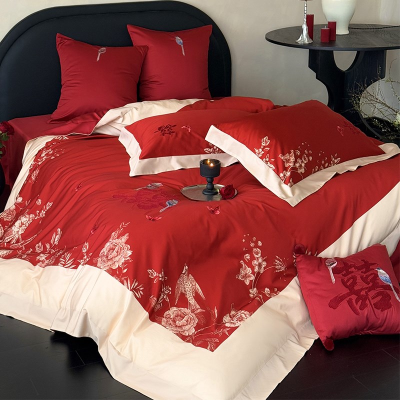 新中式牡丹刺绣时尚结婚四件套全棉长绒棉被套纯棉床单红色2m床品