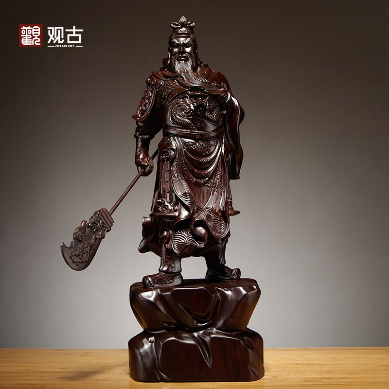 黑檀木雕关公像摆件实木质雕刻武财神家居店铺装饰红木工艺品开业