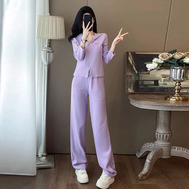 胖MM时尚休闲运动套装女2025春季新款紫色连帽卫衣+阔腿裤两件套