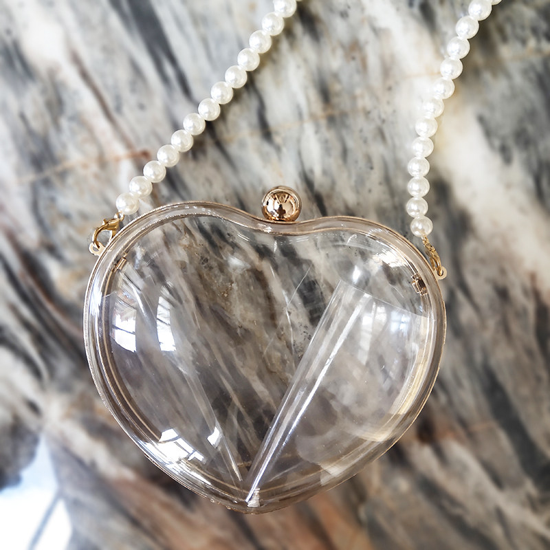 心形透明爱心包可爱桃心包仙女斜跨单肩亚克力小包珍珠链条包包