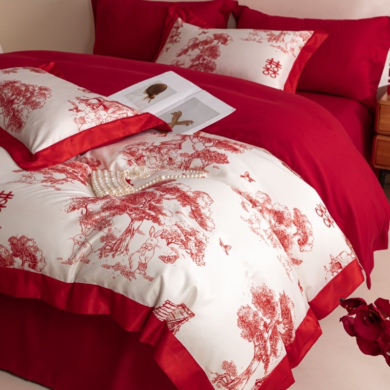 高档中式简约婚庆四件套大红色床单被套纯棉结婚床上用品婚房喜被