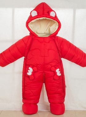 冬季婴儿羽绒棉加厚连体衣外出服哈衣防风包脚爬服新生儿睡袋抱被