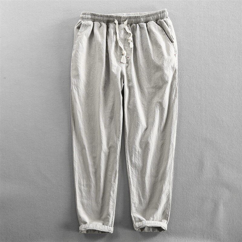 秋季休闲亚麻裤男士宽松九分棉麻裤透气男裤日系麻布料秋装长裤子