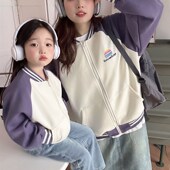 韩版 炸街亲子装 母子装 拼色棒球服外套母女装 卫衣 2024春秋新款