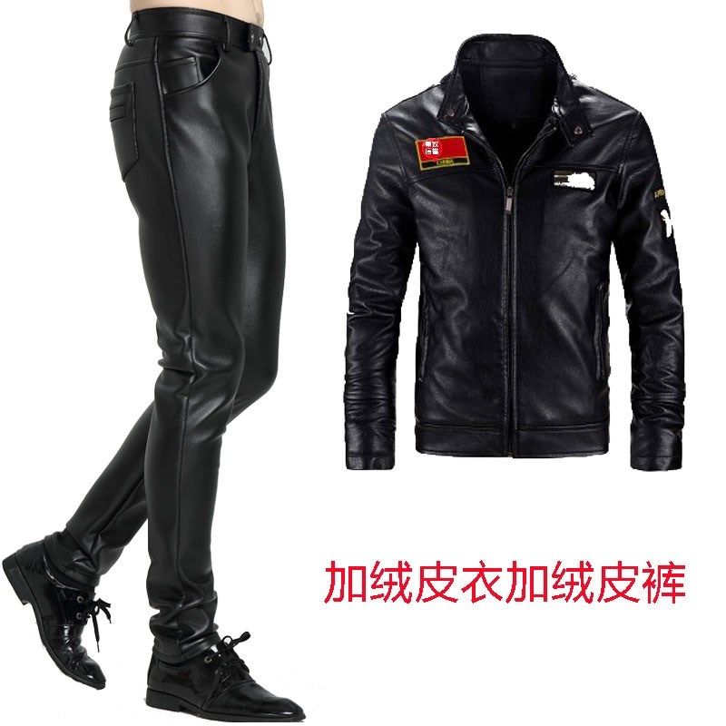 摩托车机车骑行服皮夹克男士皮衣皮裤套装男工作加绒加厚一套修身
