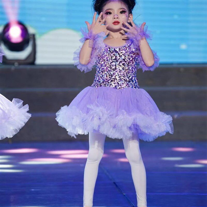 女孩可爱儿童演出服六一蓬蓬裙紫色纱裙亮片舞蹈表演服连衣裙