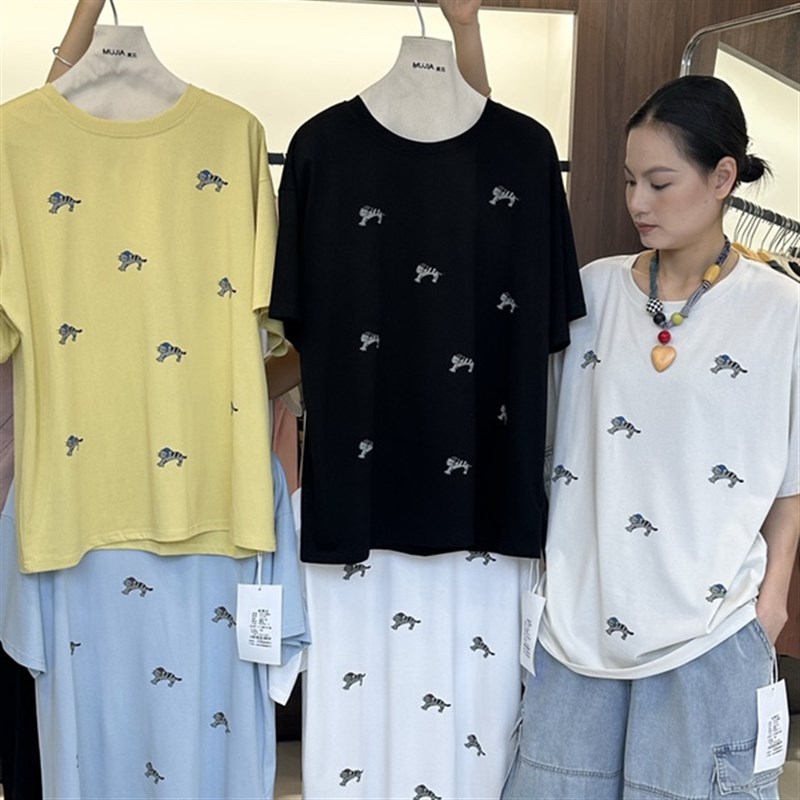 幕茄552186夏季新款韩版宽松大码胖mm休闲慵懒风印花圆领短袖T恤