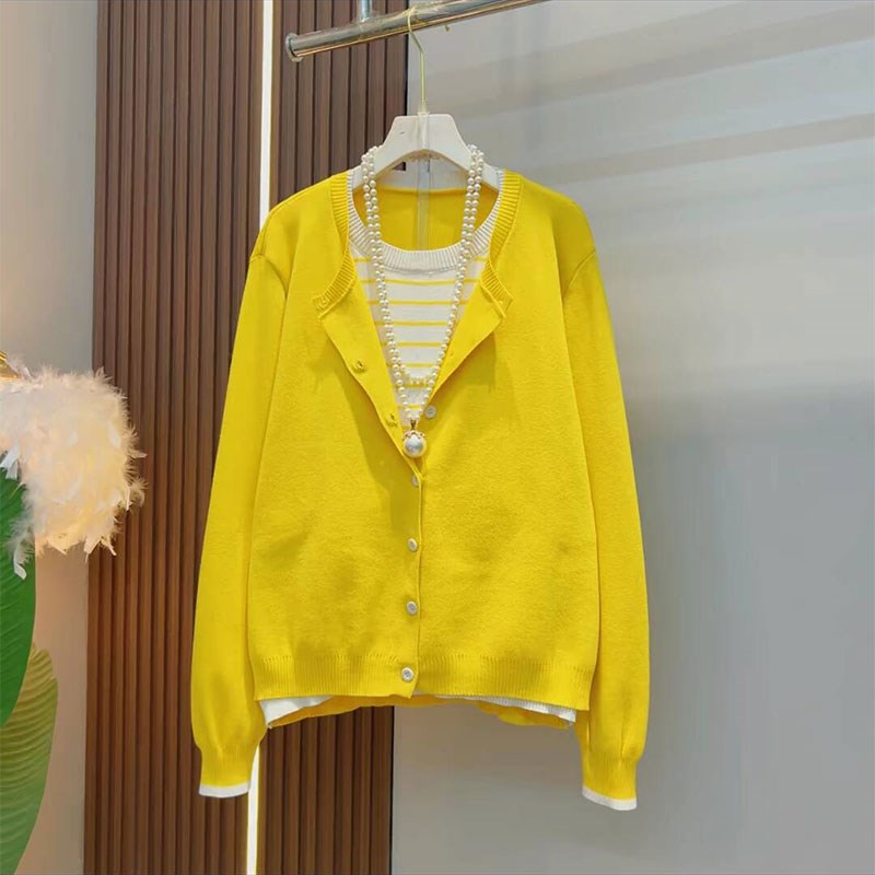 韩版糖果色假两件针织衫百搭洋气开衫上衣胖妹妹大码女装春季新款