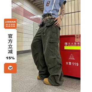 男女宽松拉链休闲直筒长裤 F383 裤 复古设计感多口袋褶皱工装 美式