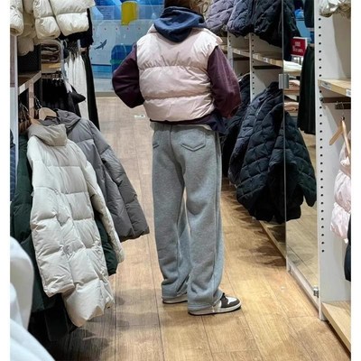 加绒灰色运动卫裤女秋冬大码胖mm宽松遮胯显瘦慵懒风阔腿休闲裤子