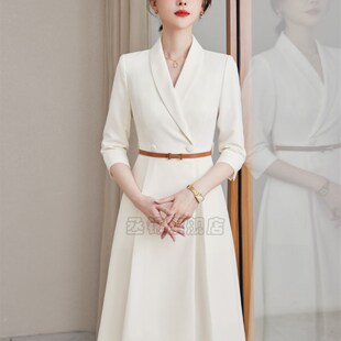 米白色正式场合连衣裙气质西装裙子教师面试主持人上镜职业正装裙