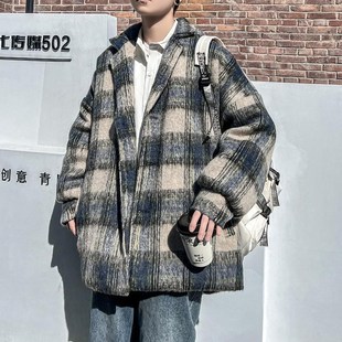 港风男装毛呢格子短款大衣男2024冬季新款宽松外套休闲潮流风衣男