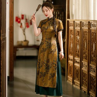 连衣裙气质长款 改良奥戴旗袍女2023年新款 夏日常复古中国风妈妈装