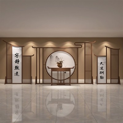 新中式实木镂空圆形栅栏屏风隔断组合客厅背景墙酒店包厢大堂遮挡