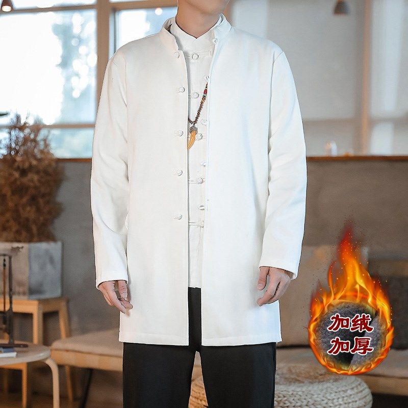 中国风加绒加厚白色开衫中长款衬衫男唐装立领风衣盘扣中山装外套,男装,唐装,淘宝优惠券,粉丝福利购,淘宝优惠卷