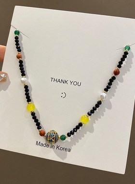 新中式黑色串珠项链女国潮风复古气质珍珠锁骨链简约百搭网红配饰