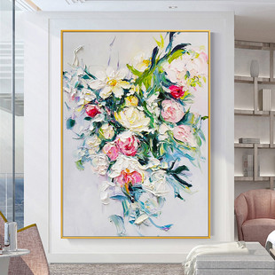 手绘油画牡丹玫瑰争艳花卉挂画轻奢北欧餐厅背景墙装饰画玄关走廊