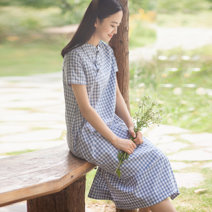 大码 遇见 斜襟手工盘扣短袖 女装 宽松棉布格子旗袍 文艺复古风中式