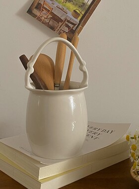 田园风创意筷子筒白色陶瓷提手刀叉勺收纳筒家用筷架插花瓶