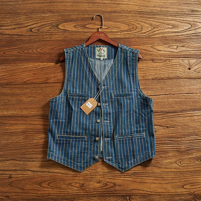 阿美咔叽牛仔背心男潮复古做旧条纹马夹多口袋V领叠穿工装马甲男,男装,常规马甲,淘宝优惠券,粉丝福利购,淘宝优惠卷