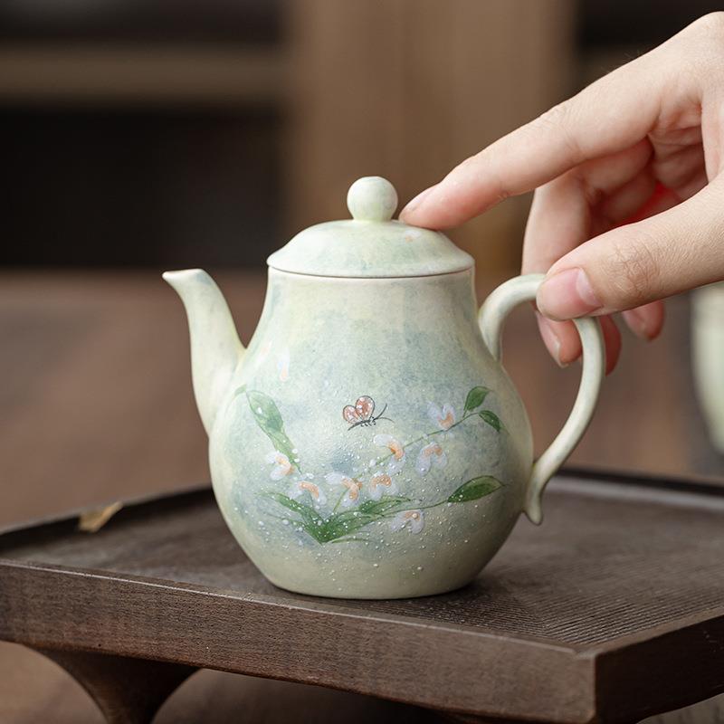 粉引手绘文心兰茶壶陶瓷泡茶壶中式茶具女士个人专用高档单壶家用