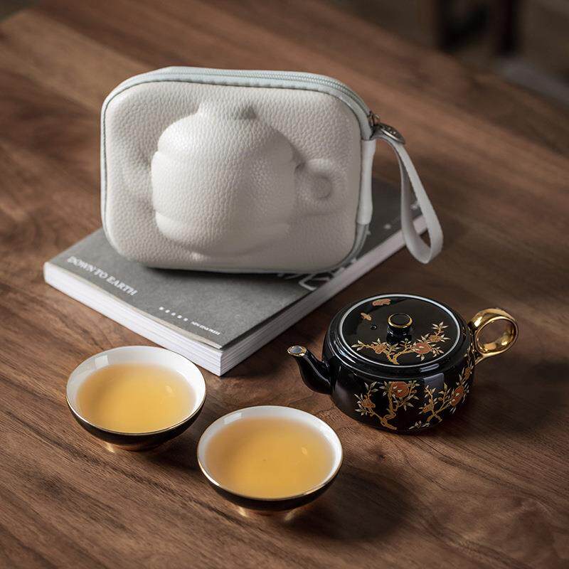 高档西湖蓝便携式旅行茶具套装家用户外简约泡茶壶陶瓷汝窑羊脂玉