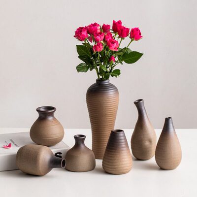 土色复古单支小口径怀旧陶瓷小花瓶装饰干花鲜花桌面客厅插花摆件