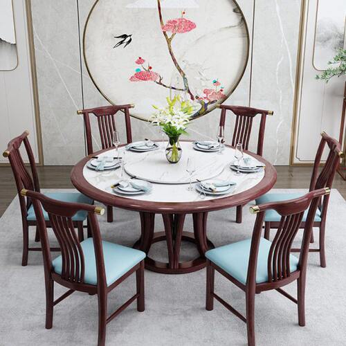 新中式岩板圆桌带转盘 禅意轻奢全实木餐桌椅组合家用饭桌餐台1.3