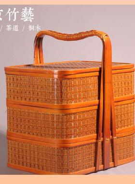 ?提三层竹编送品餐篮卖酒F757T5JS店外手礼篮子食盒拜拜祭祖祭祀