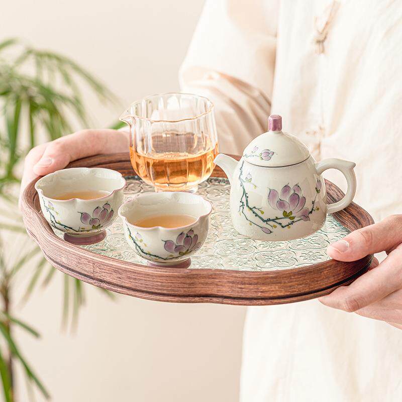 绘玉兰花女士茶手壶杯功24js06-3夫茶具套装茶高档中泡茶一壶两式