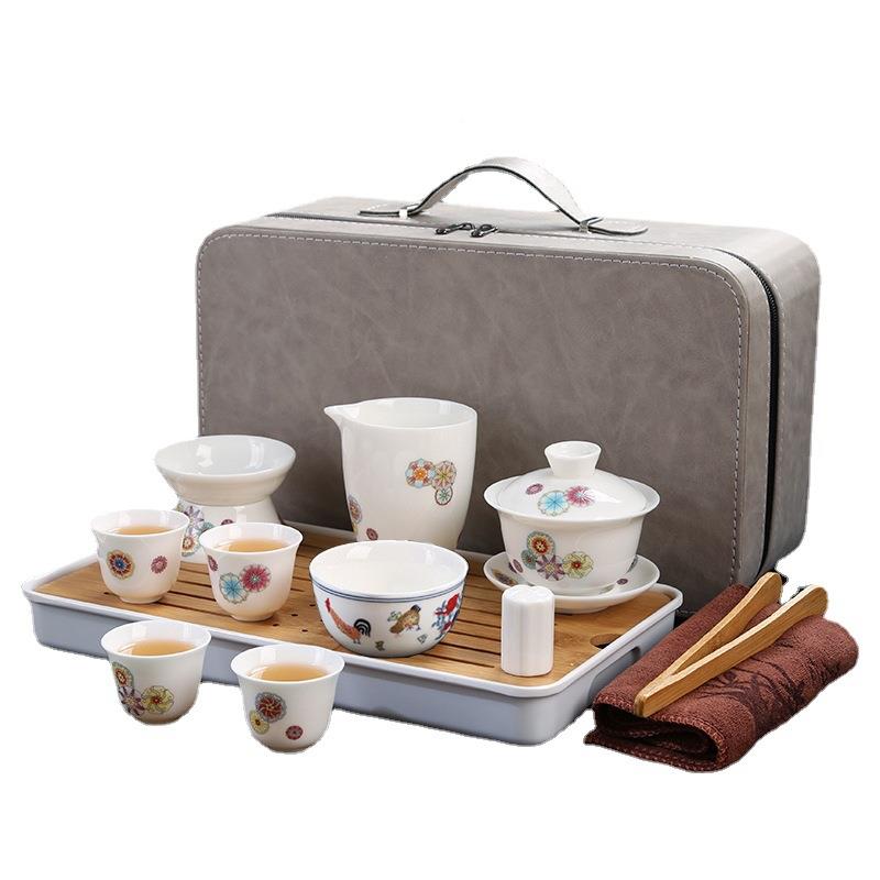 羊脂玉瓷便携家式旅行具gf202205茶套装中国白陶瓷茶具茶盘套l装