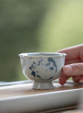女花型主人杯蝶仿古青手青清花萌猫单绘杯花口81553品茗杯式小新