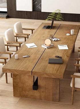 原木大板会议桌简约代大型办公桌子实84542现条木长洽谈合桌椅组
