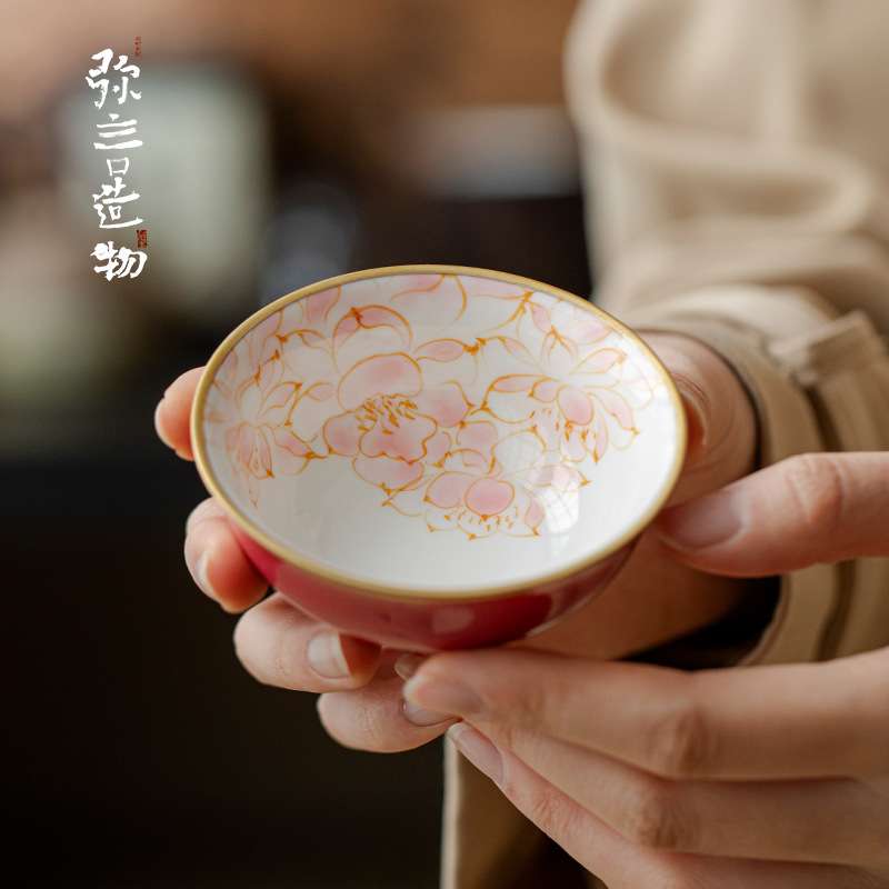 弥言胭脂红釉下彩手绘莲瓣主人杯家用大号描金茶杯高档品茗杯家用
