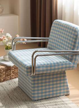 可旋转沙发椅子淡蓝色babyblue休闲懒人椅韩风蓝白格子旋转梳妆椅
