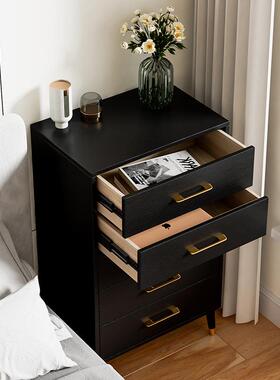 D*实木五斗柜客厅靠墙立柜卧室床尾储物收纳柜五斗橱抽屉柜黑色轻