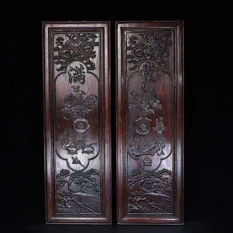 紫檀木四条屏实木刮画一套挂屏屏风客厅墙壁壁画新中式古风