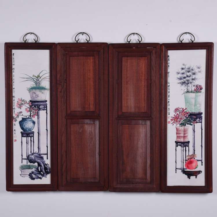 陶瓷装饰画四件套屏风挂画 仿古实木框中式墙壁画酒店茶楼装饰品