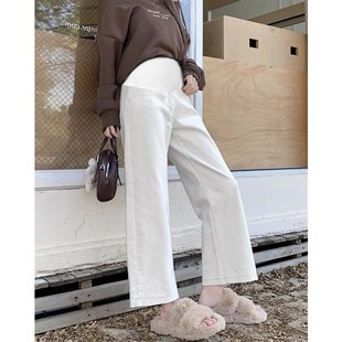 春装 孕妇九分牛仔裤 宽松显瘦百搭托腹阔腿裤 白色休闲直筒裤 春夏款