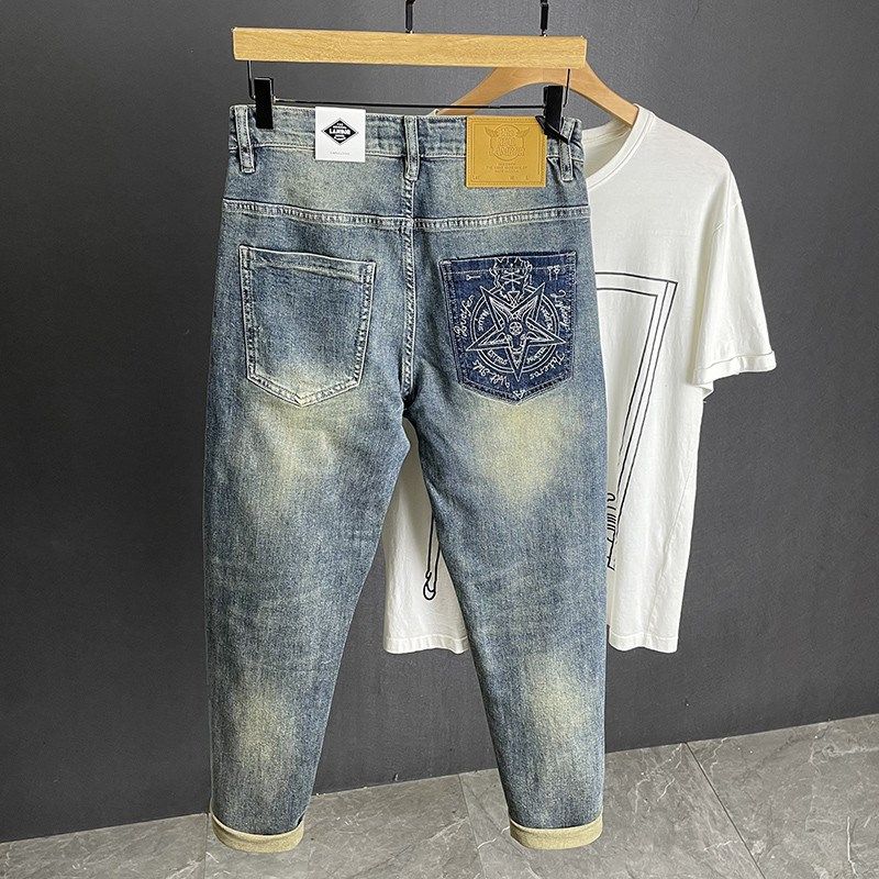 2025夏季新款男士牛仔裤修身小脚九分裤潮流美式弹力男裤子破洞潮