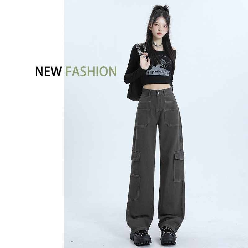 灰色工装裤女夏季2025年新款高腰直筒显瘦遮胯阔腿休闲美式运动裤