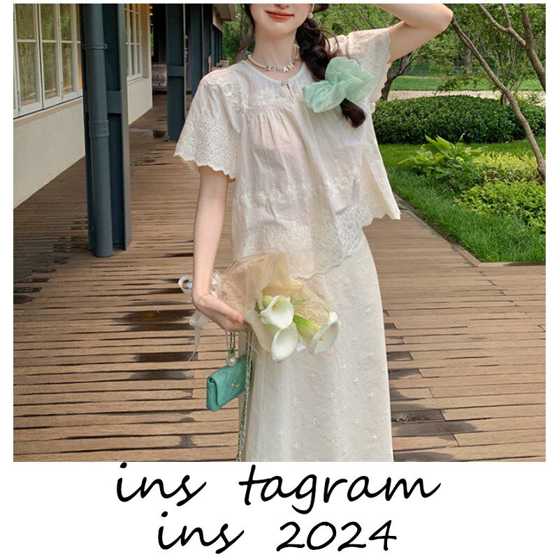 莉莉安恋曲 甜美别致棉布绣花小衫/直筒半裙女夏套装