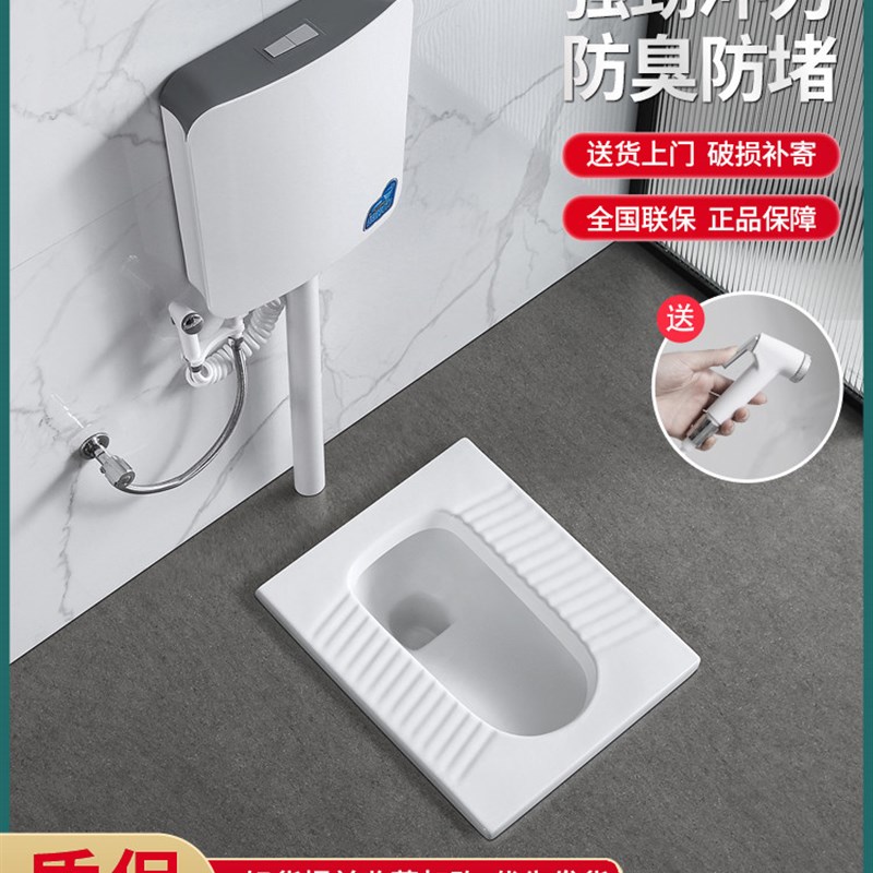蹲便器蹲坑式水箱整套家用便盆大便器卫生间陶瓷蹲厕防臭便池