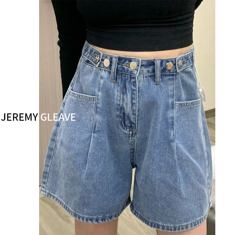 300斤特大码女装胖mm夏季薄款蓝色可调节松紧腰小个子牛仔短裤女