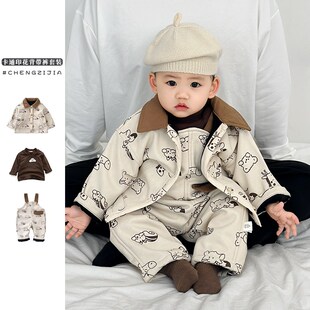 套装 子婴儿保暖打底衫 卡通加绒外套洋气女宝宝加厚背带裤 男童冬装