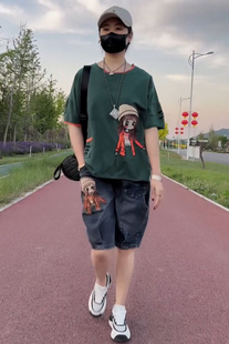 套装 水洗贴布牛仔五分裤 女2022夏季 小女孩T恤 潮 新款 休闲时尚